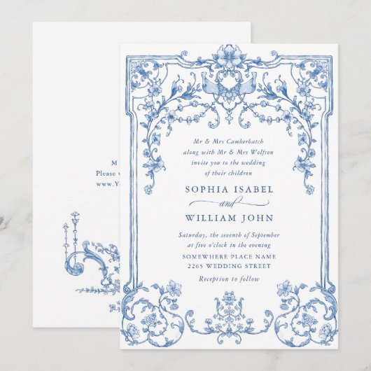 Victoriaans  Grace Floral Dusty Blue Wedding Kaart (Voorkant / Achterkant)