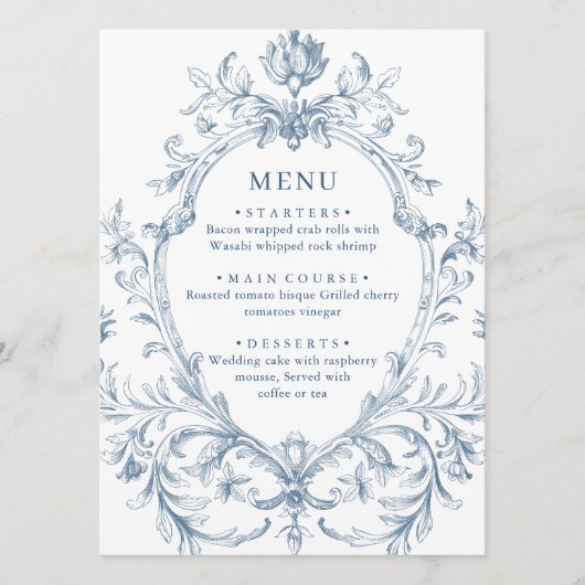 Victoriaans  Grace Floral Dusty Blue Wedding Menu (Voorkant)