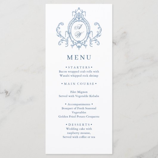 Victoriaans Grace Floral Dusty Blue Wedding Menu (Voorkant)