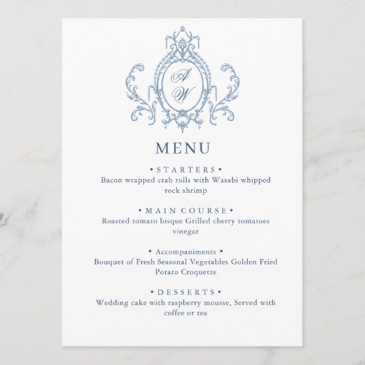 Victoriaans  Grace Floral Dusty Blue Wedding Menu (Voorkant)