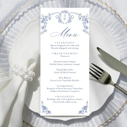 Victoriaans  Grace Floral Dusty Blue Wedding Menu
