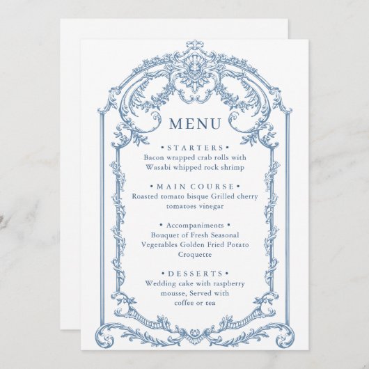 Victoriaans  Grace Floral Dusty Blue Wedding Menu (Voorkant / Achterkant)