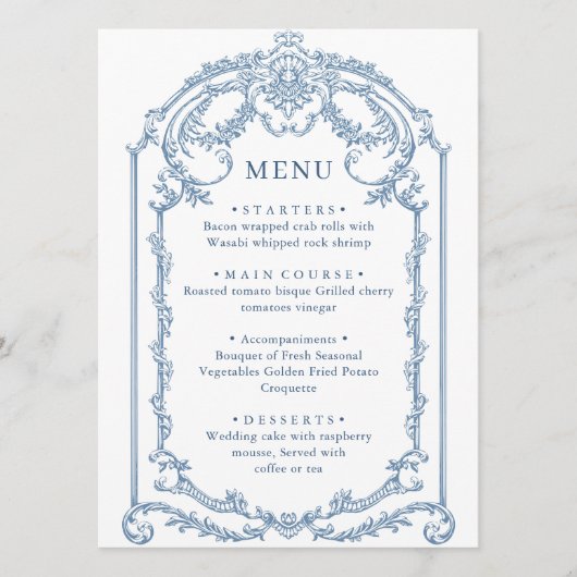 Victoriaans  Grace Floral Dusty Blue Wedding Menu (Voorkant)