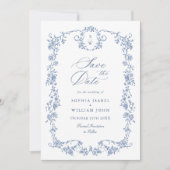 Victoriaans  Grace Floral Dusty Blue Wedding Save The Date (Voorkant)
