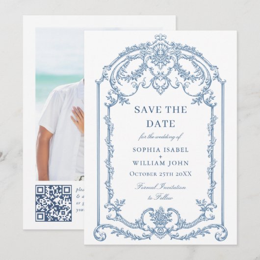 Victoriaans Grace Floral Dusty Blue Wedding Save The Date (Voorkant / Achterkant)