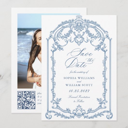 Victoriaans  Grace Floral Dusty Blue Wedding Save The Date (Voorkant / Achterkant)