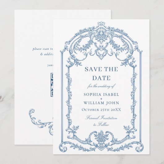 Victoriaans  Grace Floral Dusty Blue Wedding Save The Date (Voorkant / Achterkant)