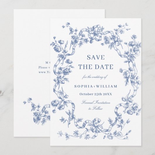 Victoriaans  Grace Floral Dusty Blue Wedding Save The Date (Voorkant / Achterkant)