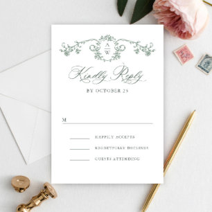 Victoriaans  Grace Floral Sage Green Wedding RSVP Kaartje
