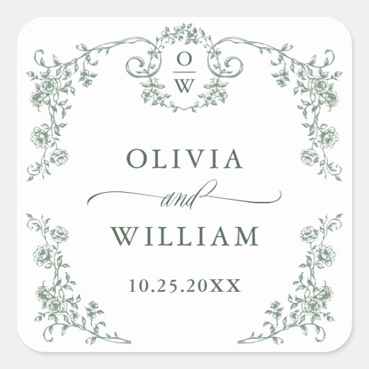 Victoriaans  Grace Floral Sage Green Wedding Vierkante Sticker (Voorkant)