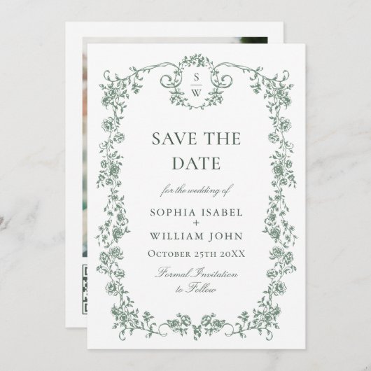 Victoriaans  Grace Floral Sage QR code Foto Save The Date (Voorkant / Achterkant)