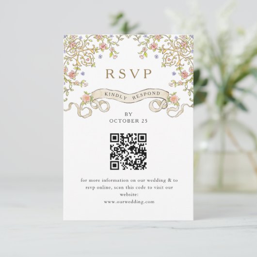 Victoriaans Grace Floral Wedding RSVP QR-code Kaartje (Staand voorkant)