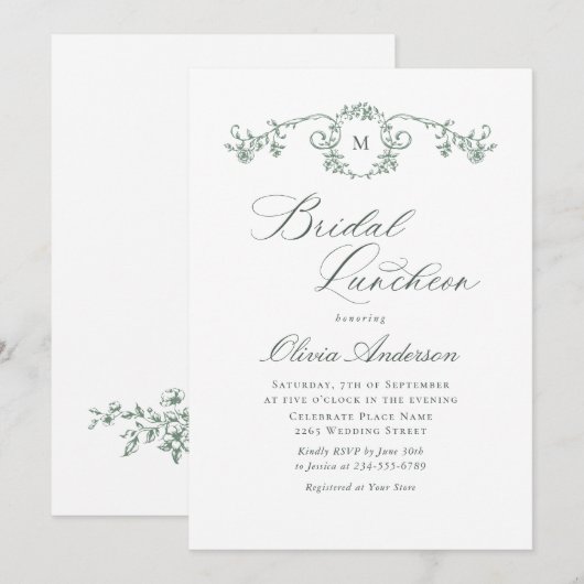 Victoriaans  Grace Sage Green BRIDAL LUNCHEON Kaart (Voorkant / Achterkant)
