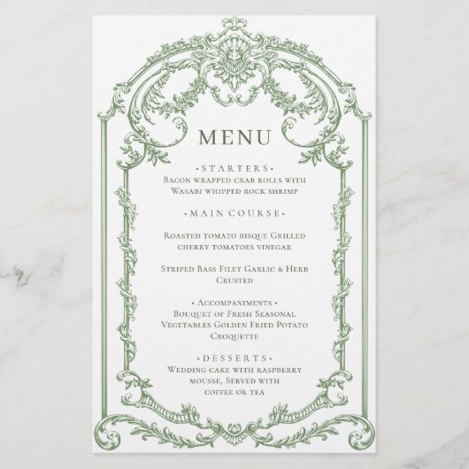 Victoriaans Grace Sage Green Wedding Menu (Voorkant)