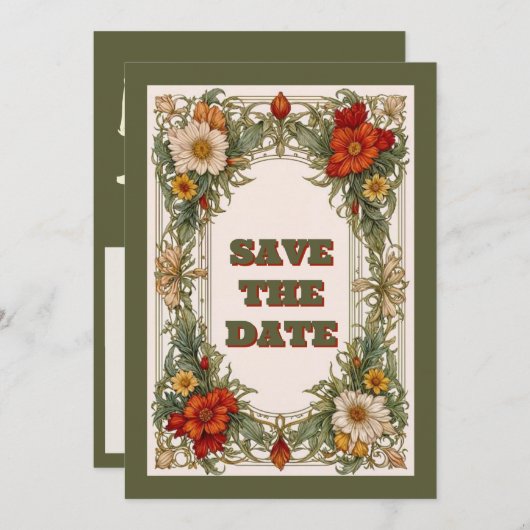Victoriaans grens met Wildflower Wedding Save The Date (Voorkant / Achterkant)