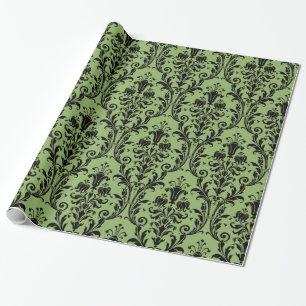 Victoriaans groen en zwart Floral Swirl Damask Cadeaupapier