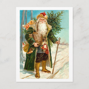 Victoriaans Groen Fluweel Kerstman Feestdagenkaart