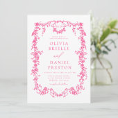 Victoriaans Hot Pink Bloemen Huwelijk Monogram Kaart (Staand voorkant)