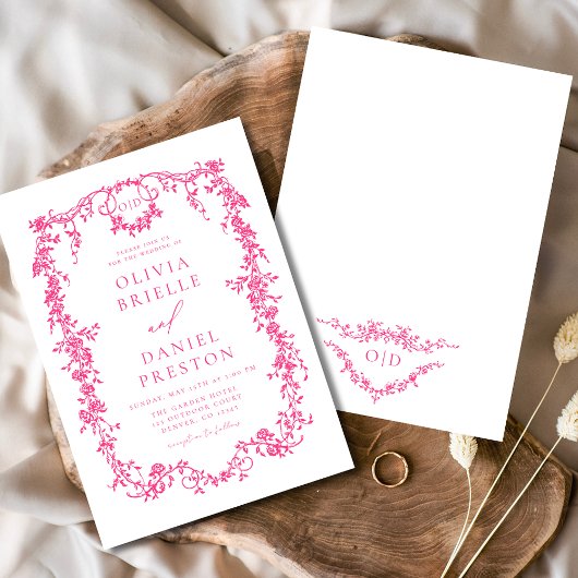 Victoriaans Hot Pink Bloemen Huwelijk Monogram Kaart