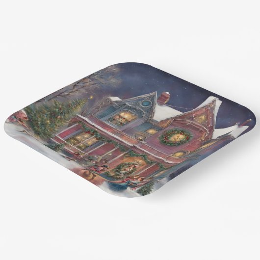 Victoriaans huis, dames, kinderen op kerstavond papieren bordje (Gebogen)