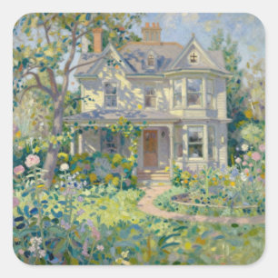 Victoriaans Huis En Tuin Impressionisme Vierkante Sticker