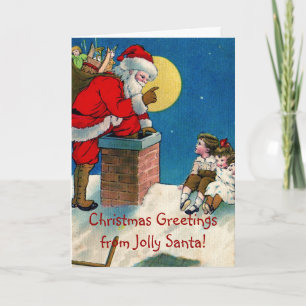 Victoriaans Jolly Santa w/Kinderen Kerstgroet Feestdagen Kaart