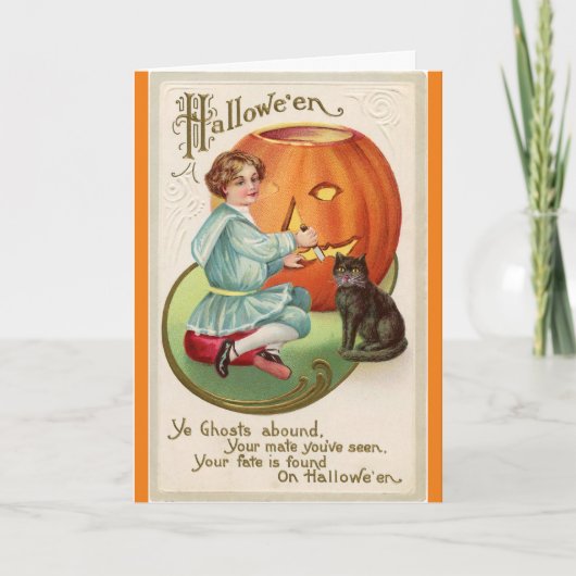 Victoriaans jongen Carving Pumpkin Halloween Kaart (Voorkant)