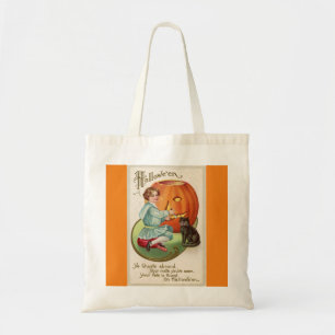 Victoriaans jongen Carving Pumpkin Halloween Tote Bag
