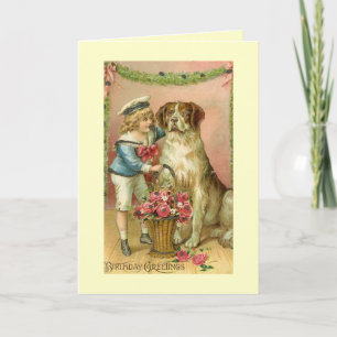  Victoriaans Jongen/Hond Verjaardag Wenskaart Kaart