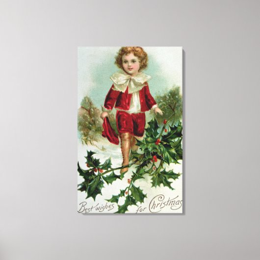 Victoriaans kerstbriefkaart met een jongen canvas afdruk (Voorkant)