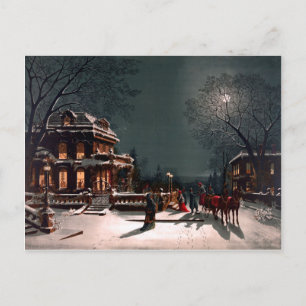 Victoriaans kerstfeest in herenhuis slee met sneeu briefkaart