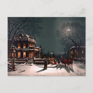 Victoriaans kerstfeest in herenhuis slee met sneeu briefkaart