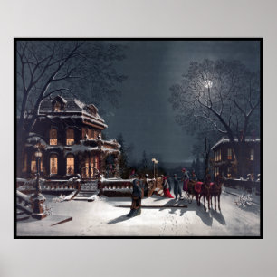 Victoriaans kerstfeest in winterkoets poster