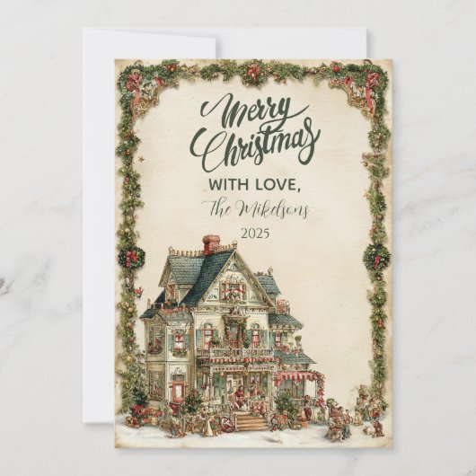 Victoriaans kersthuis feestdagenkaart (Voorkant)