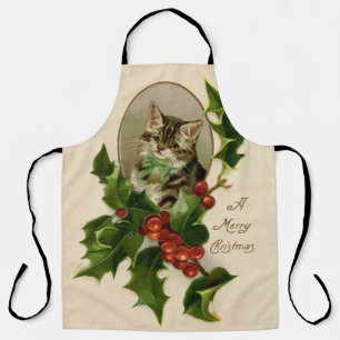 Victoriaans Kerstkatje in Holly Antieke Tabby Schort