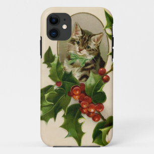 Victoriaans Kerstkatje in hulst antiek tabby iPhone 11 Hoesje