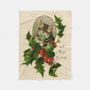 Victoriaans Kerstkatje in hulst antiek tabby Fleece Deken