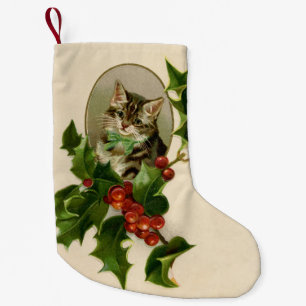 Victoriaans Kerstkatje in hulst antiek tabby Kleine Kerstsok