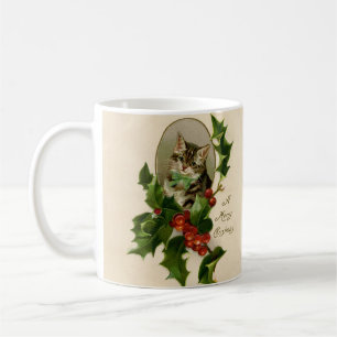Victoriaans Kerstkatje in hulst antiek tabby Koffiemok