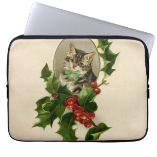 Victoriaans Kerstkatje in hulst antiek tabby Laptop Sleeve