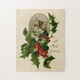 Victoriaans Kerstkatje in hulst antiek tabby Legpuzzel