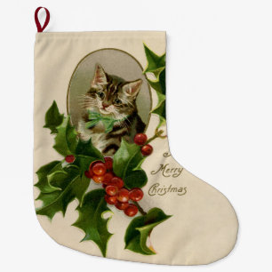 Victoriaans Kerstkatje in hulst antieke tabby Grote Kerstsok