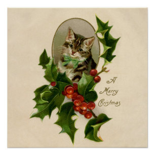 Victoriaans Kerstkatje in hulst Antieke Tabby Perfect Poster