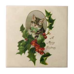 Victoriaans Kerstkatje in hulst Antieke Tabby Tegeltje