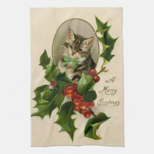 Victoriaans Kerstkatje in hulst Antieke Tabby Theedoek