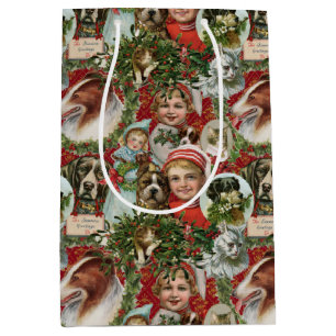Victoriaans kerstkatten en hondenbont medium cadeauzakje