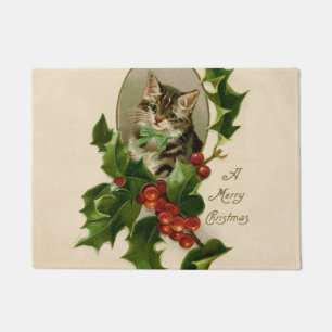Victoriaans Kerstkitten in hulst antieke tabby Deurmat