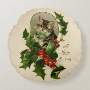 Victoriaans Kerstkitten in hulst antieke tabby Rond Kussen