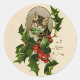 Victoriaans Kerstkitten in hulst antieke tabby Ronde Sticker