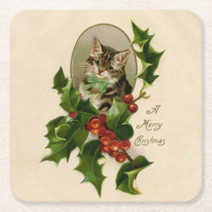 Victoriaans Kerstkitten in hulst antieke tabby Vierkante Kartonnen Onderzetter